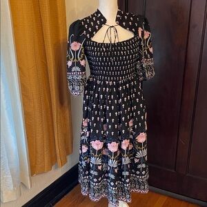 Anthropologie dasha Black Art Nouveau Floral Midi Dress Size Small